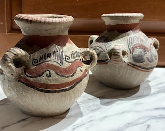 Pair Mexican 3 handled Pottery Pots Hand-Painted Decor Small 4"
