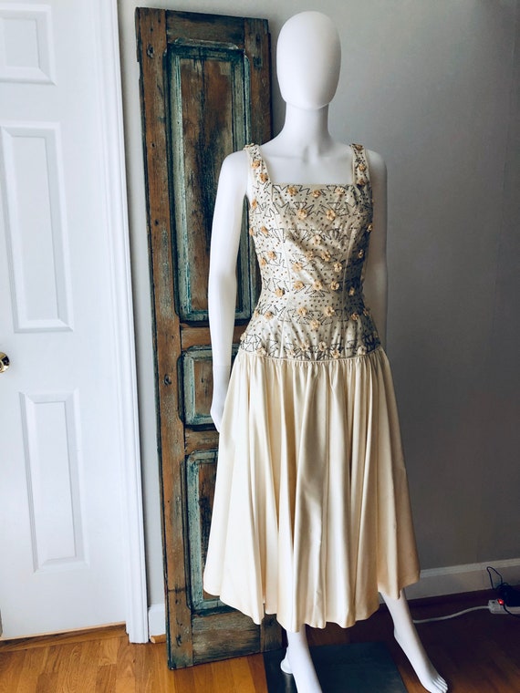 Vintage 1950s 1960s beaded formal dress ivory wedd