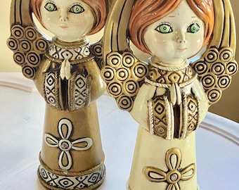 Vintage MCM pair Mod Eyes Christmas Angels 1960s. 8"