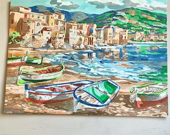 Paint By Number 11' x 14" Italy Sea Fishing Scene Finished