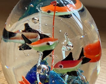 Murano art glass paperweight fish coral egg shape