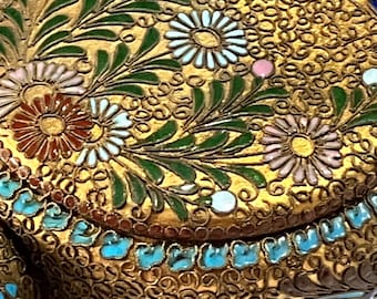 Antique Vintage Asian Round Brass Enameled Vase Cloisonne Bird Flowers