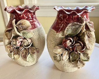 Pair Antique Vases Majolica Pottery Applied Flowers Sand Texture Red Cream 9"