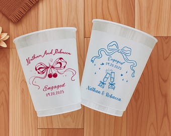 Custom Engagement Frosted Cups – Plastic Party Cups for Engagement Party, Couples Shower, Cocktail Hour, Rehearsal Dinner – love keepsakeq