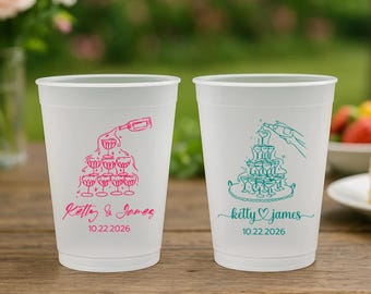 Custom Wedding Frosted Cups – Personalized Plastic Party Cups – Champagne Tower for Reception, Cocktail Hour, Bridal Shower & Wedding Favors