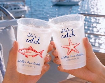 Personalized Frosted Plastic Cups, She's a Catch Bachelorette Cups, Coastal Beach Bach Party Favors, Seafood Bridal Shower Drinkware
