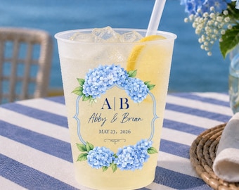 Custom Blue Hydrangea Wedding Frosted Cups, Personalized Monogram Floral Cups, Coastal Bridal Shower Favors, Destination Wedding Drinkware