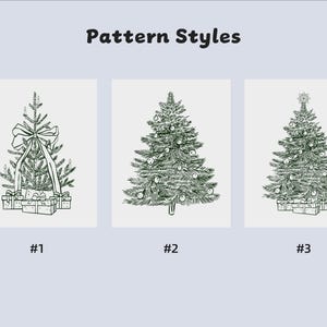 May include: Three illustrations of Christmas trees, each with a different style. The first features a bow and presents, the second is adorned with baubles, and the third has a star and gifts.