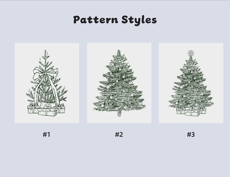 May include: Three illustrations of Christmas trees, each with a different style. The first features a bow and presents, the second is adorned with baubles, and the third has a star and gifts.