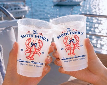 Personalized Family Reunion Frosted Cups, Custom Summer Gathering Party Cups, Coastal Beach Vacation Lobster Drinkware Favors Decor