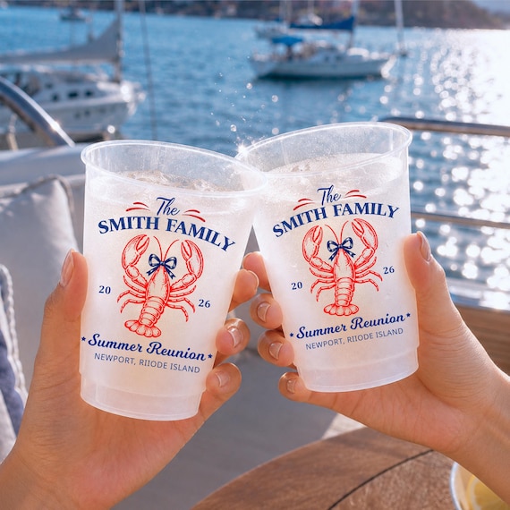 Personalized Family Reunion Frosted Cups, Custom Summer Gathering Party Cups, Coastal Beach Vacation Lobster Drinkware Favors Decor
