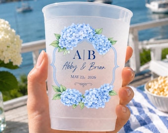 Personalized Wedding Frosted Plastic Cups, Custom Monogram Cocktail Cups, Blue Hydrangea Bridal Shower Favors, Anniversary Drinkware