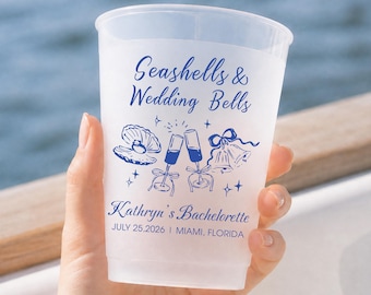 Custom Seashells Wedding Bells Frosted Cups, Personalized Champagne Toast Bachelorette Cups, Beach Bridal Shower Favors, Coastal Drinkware