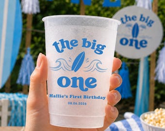 Personalized Frosted Plastic Cups, Surf Birthday Cups with Surfboard, Kids Beach Birthday Cups, Ocean Wave Party Favors, Custom Party Cups