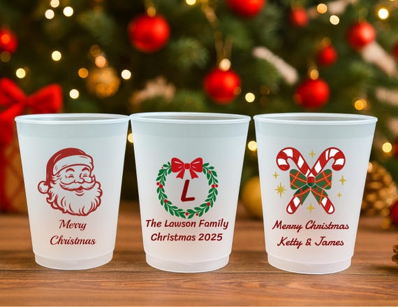 Custom Christmas Frosted Cups – Personalized Holiday Plastic Cups – Santa, Wreath, Candy Cane, Reindeer – Xmas Party Favors, Family Party