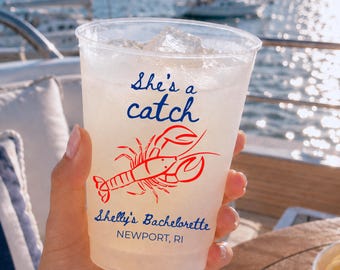 Custom Frosted Cups, She’s a Catch Bachelorette Cups, Lobster Beach Bach Party Favors, Coastal Bridal Shower Cocktail Drinkware
