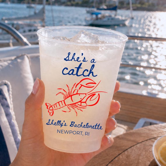 Custom Frosted Cups, She’s a Catch Bachelorette Cups, Lobster Beach Bach Party Favors, Coastal Bridal Shower Cocktail Drinkware
