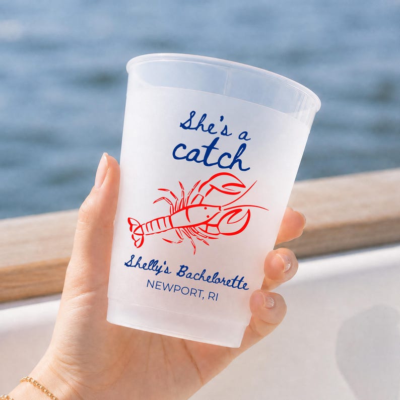 Custom Frosted Cups, She’s a Catch Bachelorette Cups, Lobster Beach Bach Party Favors, Coastal Bridal Shower Cocktail Drinkware image 5