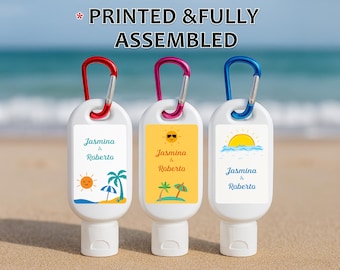 Custom Sunscreen Bottles – Personalized Travel Size SPF with Carabiner – Great for Wedding, Beach, Shower, Bachelorette or Welcome Bag Gifts