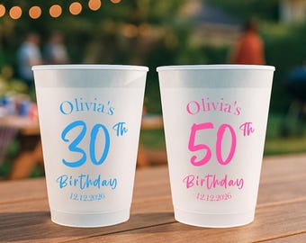 Custom Birthday Frosted Cups, Personalized Disposable Party Cups, Milestone Birthday Favor, Backyard Picnic Table Decor – Cheers & Memories