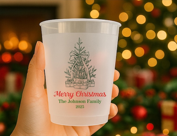 Custom Christmas Frosted Cups – Personalized Holiday Plastic Cups – Winter Wedding, Office Party, Classroom & Family – Cozy Keepsake Favors