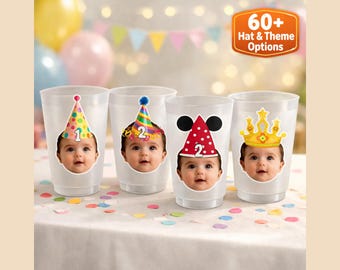 Custom Baby Birthday Frosted Cups, Photo Face Disposable Party Cups, Hat & Theme Options, Birthday Favor – Cheers And Memories