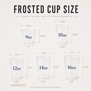 May include: A size chart for frosted cups featuring five white cups labelled 9oz, 10oz, 12oz, 14oz, and 16oz. The text reads FROSTED CUP SIZE, CHOOSE THE SIZE THAT FITS YOUR CELEBRATION, MOST POPULAR, and ALL DIMENSIONS ARE APPROXIMATE with specific inch measurements.