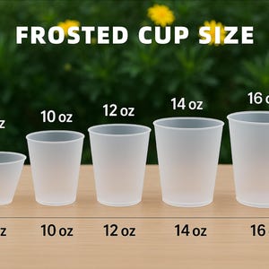 May include: A comparison of frosted cup sizes. Five translucent cups are shown, ranging from 9 oz to 16 oz. The text "FROSTED CUP SIZE" is at the top. The cups are arranged on a light brown surface with a green background.