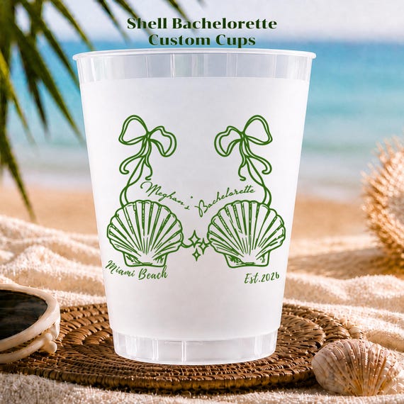 Custom Seashell Bachelorette Frosted Cups, Personalized Beach Bach Party Favors, Coastal Bridal Shower Cups, Shell Wedding Drinkware
