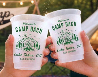 Personalized Camp Bach Frosted Cups, Custom Camping Bachelorette Cups, Lake Tahoe Bach Party Favors, Glamping Girls Trip Party Cups