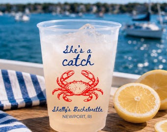 She’s a Catch Bachelorette Cups, Personalized Coastal Frosted Plastic Cups, Custom Beach Bach Party Favors, Lobster Crab Sea Life Design