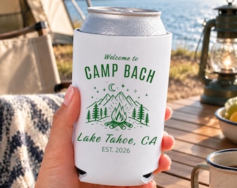 Personalized Camp Bach Koozie, Camping Bachelorette Party Favor, Cabin Weekend Gift, Lake Trip Can Cooler, Mountain Adventure Favor