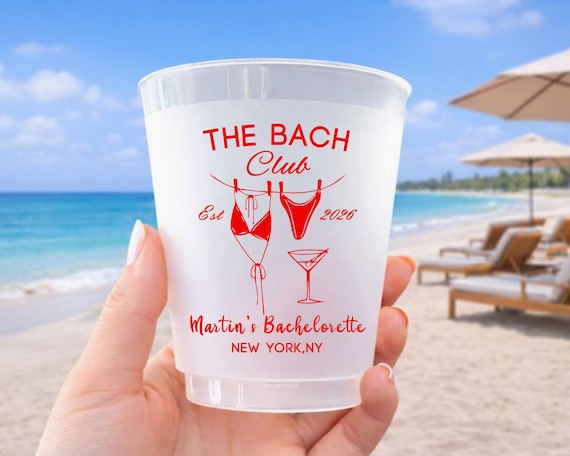 Personalized Bachelorette Cups, Custom Frosted Plastic Stadium Cups for Beach Bach Weekend, Pool Party, Girls Trip & The Bach Club