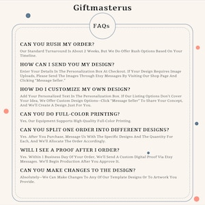 Może przedstawiać: Informatyczna grafika zatytułowana Giftmasterus FAQs z jasnym tłem i rozproszonymi kolorowymi kropkami. Zawiera siedem pytań i odpowiedzi dotyczących czasu realizacji zam&oacute;wienia, przesyłania projekt&oacute;w, personalizacji, druku oraz cyfrowych dowod&oacute;w.