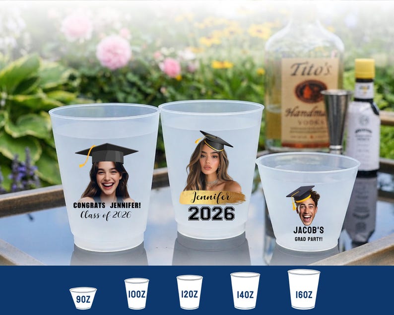 May include: Three frosted plastic cups featuring graduation-themed designs. Two large cups display photos of a person wearing a graduation cap with text reading "CONGRATS JENNIFER! Class of 2026" and "Jennifer 2026". A smaller cup shows a photo with "JACOB'S GRAD PARTY!"