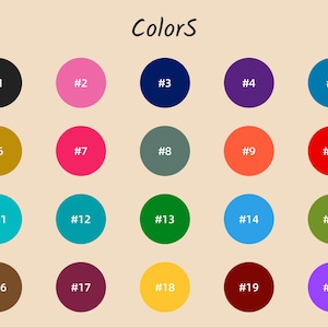 Może przedstawiać: Wzornik kolor&oacute;w z napisem Colors zawierający dwadzieścia ponumerowanych k&oacute;ł ułożonych w cztery rzędy po pięć. Koła przedstawiają r&oacute;żne jednolite kolory, w tym czarny, r&oacute;żowy, granatowy, fioletowy, morski, złoty, magenta, szary, pomarańczowy, czerwony, cyjan, zielony, niebieski, oliwkowy, brązowy, bordowy, ż&oacute;łty i fioletowy.