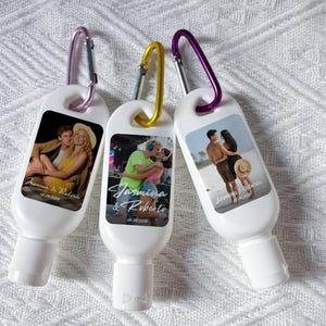 Custom Photo Sunscreen Favors – Personalized Mini SPF Bottles with Carabiner – Wedding, Beach or Travel Guest Gifts