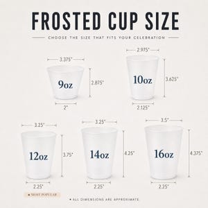May include: A size chart for frosted cups featuring five white cups labeled 9oz, 10oz, 12oz, 14oz, and 16oz. The text reads FROSTED CUP SIZE, CHOOSE THE SIZE THAT FITS YOUR CELEBRATION, MOST POPULAR, and ALL DIMENSIONS ARE APPROXIMATE with specific inch measurements.