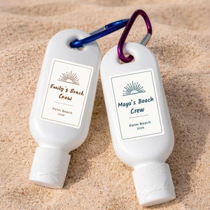 Personalized Beach Crew Sunscreen Bottle w/ Carabiner, Beach Party & Pool Party Favor, Welcome Bag Gift for Girls Trip – Ready for Sunshine