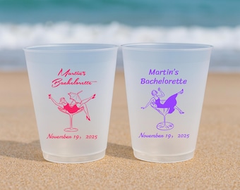 Custom Bachelorette Frosted Cups – Personalized Plastic Cups – Martini Girl, Vegas Theme – Hen Party, Beach/Pool Weekend, Bar Crawl Favors
