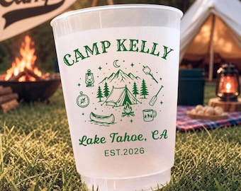 Personalized Frosted Plastic Cups, Custom Camp Party Cups, Camping Trip Cups, Lake Weekend Favors, Glamping Party Drinkware, Custom Cups