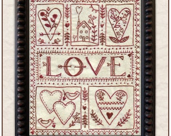 Love Sampler hand embroidery pattern with hearts for Valentine's Day