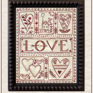Love Sampler hand embroidery pattern with hearts for Valentine's Day