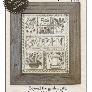 Garden Sampler embroidery pattern watering can, flowers, bee hive, bird and potted plant