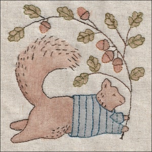 53 Hooray for Fall embroidery pattern One Stitch at a Time club design of squirrel and acorns