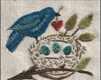 57 Patience One Stitch at a Time embroidery pattern with bird and nest