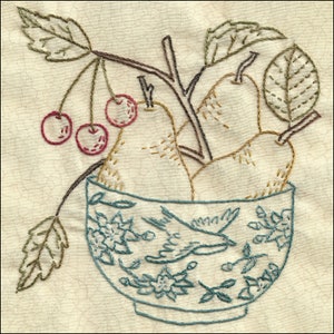 Fresh Picked pears and cherries embroidery with colored pencil pattern