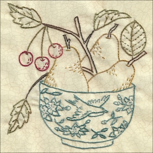 Broderie poires et cerises fraîchement cueillies avec motif au crayon de couleur