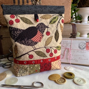 PDF download pattern - High Park Farm blackbird and cherries snap pouch pattern with appliqué and embroidery