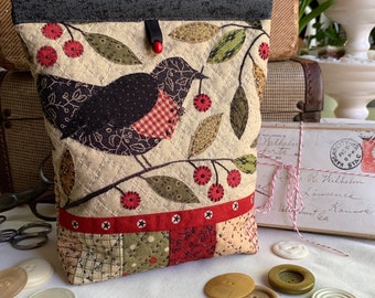 PDF download pattern - High Park Farm blackbird and cherries snap pouch pattern with appliqué and embroidery